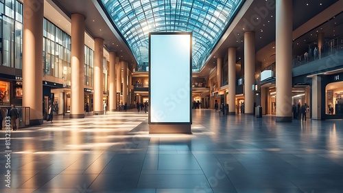  A mockup poster stands within a shopping Centre mall setting , or the high street, showcasing a wide banner design featuring ample blank .space for your content design. photo