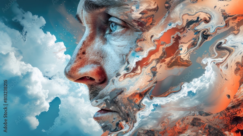 Creative abstract portrait picture of double exposure between old people and natural view surrounded with blue sky. Modern art of elderly man with side view combine between old man and nature. AIG42.