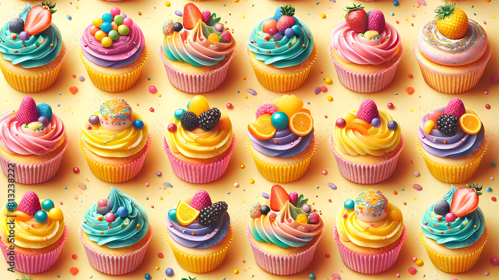 Top View Close-Up of Seamless Pattern of Bright Cupcakes on Pastel Yellow Background