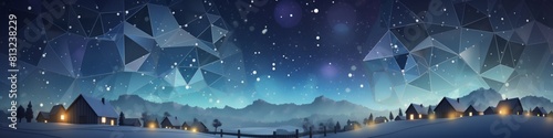 Snow-covered terrain with twinkling stars in a night sky seen from a low poly style imitation geometric perspective. Banner.