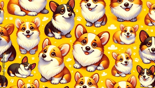 Close-Up Seamless Pattern of Corgi Dogs on Yellow Background. Kids wallpaper