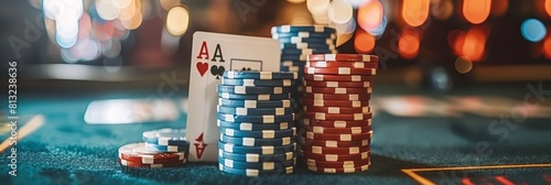 Two aces and a stack of chips strategically positioned on a green poker table for optimal gameplay