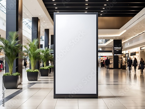  A mockup poster stands within a shopping Centre mall setting   or the high street  showcasing a wide banner design featuring ample blank .space for your content design.