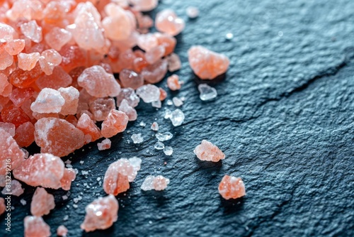 glistening pink himalayan salt crystals on dark textured surface abstract photo