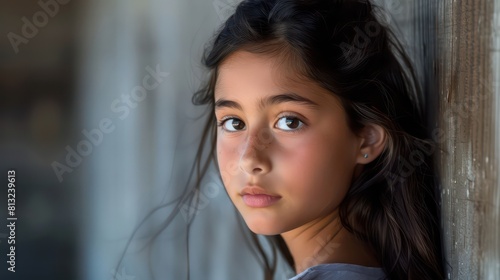 beautiful girl with black hair, perfect skin, looking at camera, closeup portrait © BALLERY ART