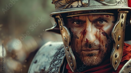 Roman soldier with helmet in battle with swords and shields in high resolution photo