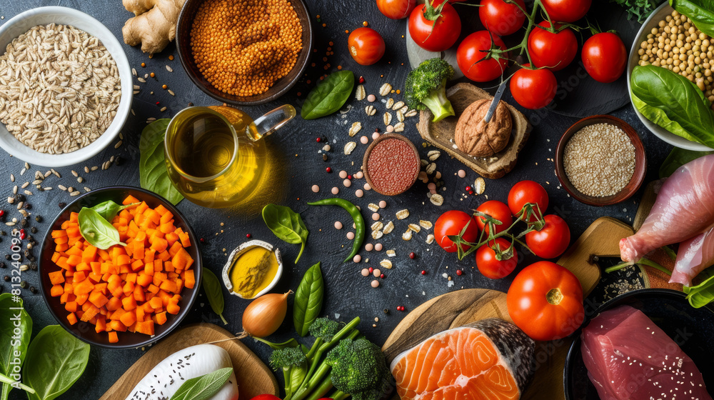 Overhead view of a healthy meal plan, including fresh vegetables, grains, and proteins, organized neatly on a table Overhead view of a healthy meal plan, including fresh vegetables, grains, and proteins, organized neatly on a table