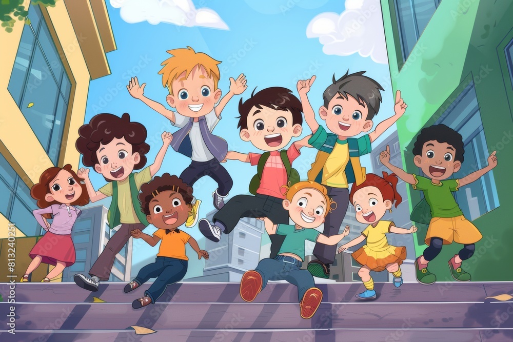 Group of happy children jumping in the street. Vector cartoon illustration. Group of happy children jumping in the street. Vector cartoon illustration.