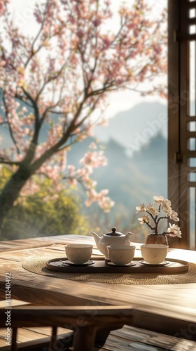 oriental tea set, soft and dreamy atmosphere