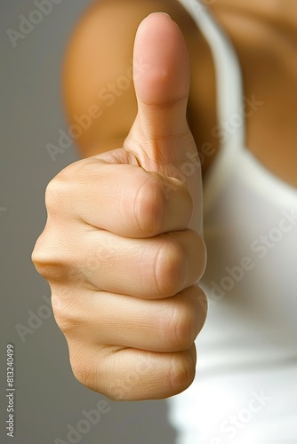 Close up of woman s hand gesturing thumbs up, expressing approval or showing liking photo