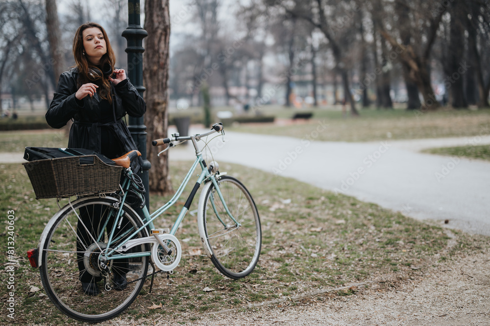 An elegant and confident young woman rests with her vintage bicycle in a serene park setting, embodying a modern, active lifestyle. An elegant and confident young woman rests with her vintage bicycle in a serene park setting, embodying a modern, active lifestyle.
