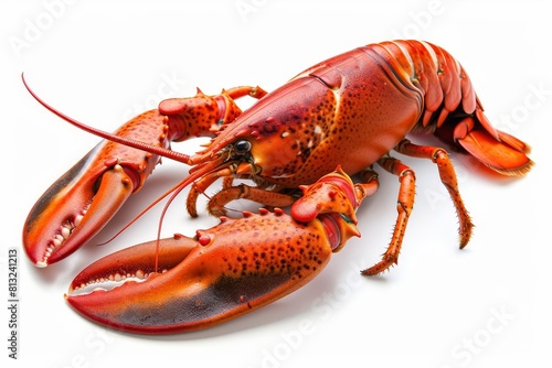 bright red lobster with shiny shell and claws isolated on white fresh seafood shellfish closeup photo