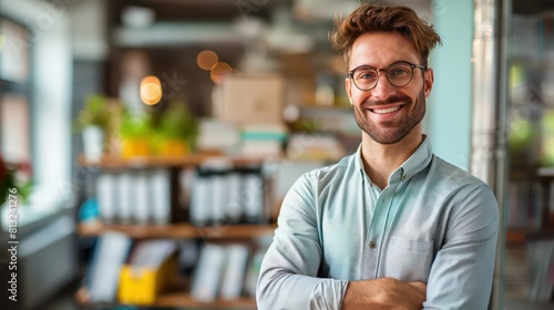 business employee with stack of binders in office space  photo