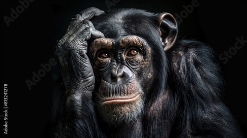 chimpanzee with a hand on its head against a black background 