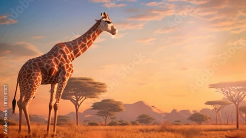 A graceful giraffe towering over the African landscape, photo