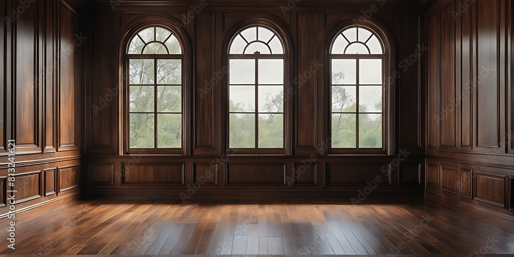 Fototapeta premium empty room with dark wood paneling and window, Luxury wood paneling background or texture. highly crafted classic or traditional wood paneling, with a frame pattern 