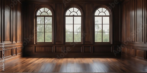  empty room with dark wood paneling and window, Luxury wood paneling background or texture. highly crafted classic or traditional wood paneling, with a frame pattern  © Land Stock