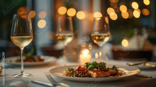 dinner table at a high-end restaurant, elegant dishes with soft lighting