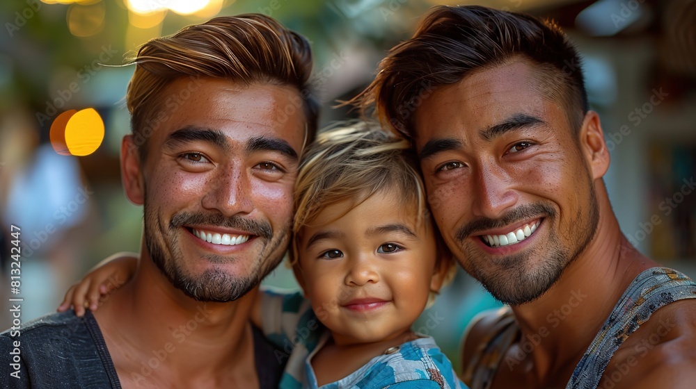 Happy couple of gay men with their son in their arms Happy couple of gay men with their son in their arms