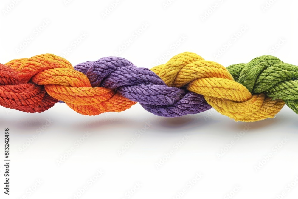 Vibrant ropes woven on white backdrop symbolizing unity, diversity, and teamwork Vibrant ropes woven on white backdrop symbolizing unity, diversity, and teamwork