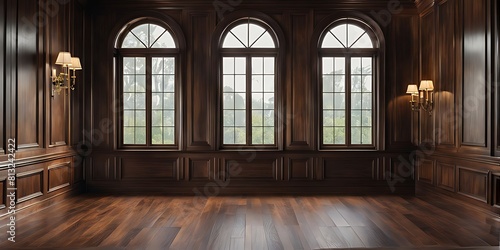  empty room with dark wood paneling and window  Luxury wood paneling background or texture. highly crafted classic or traditional wood paneling  with a frame pattern 