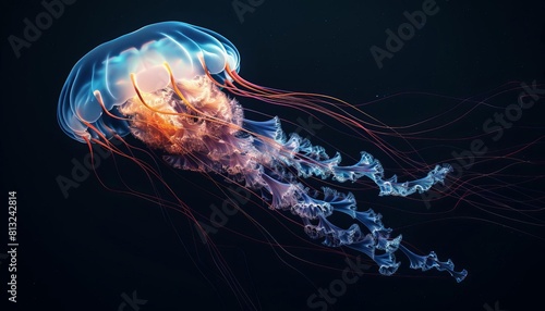 Illustrate a single majestic jellyfish, its body pulsating with light, floating elegantly on a black background