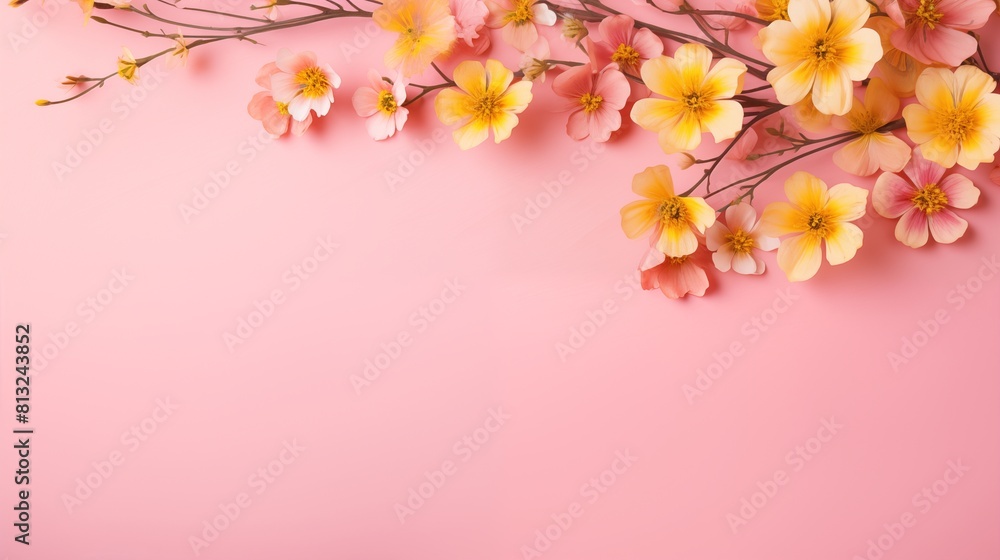 Beautiful Blooming Branches with Flowers on a Pastel Pink Background Beautiful Blooming Branches with Flowers on a Pastel Pink Background