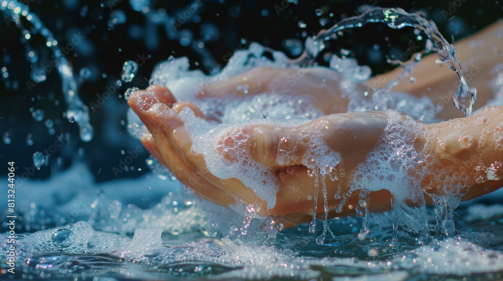 Fototapeta premium Hand washing with soap under running water, high detail