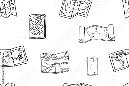 Seamless pattern of travel elements. Tourist map, world map, city card, interactive city maps. Travel route, route from and to, area maps, navigator. Hand drawn. Great for professional design.