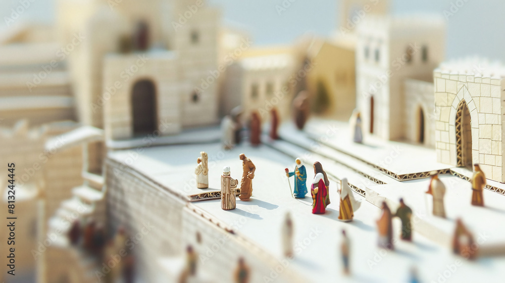 Obraz premium macro tilt-shift photography of tiny figures of Virgin Mary presents Jesus at the temple in Jerusalem, people around, biblic moment depict
