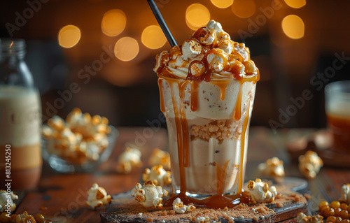 decadent caramel milkshake, indulge in the ultimate caramel lovers dream with this milkshake topped with caramel popcorn and drizzle photo