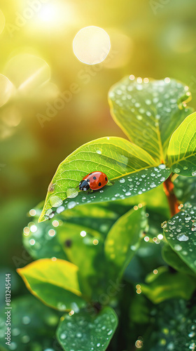 Ladybug on green leaf with water drops, Nature background with copy space