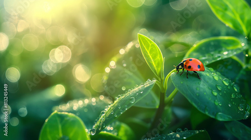 Ladybug on green leaf with morning dew drops and bokeh background, Nature concept.