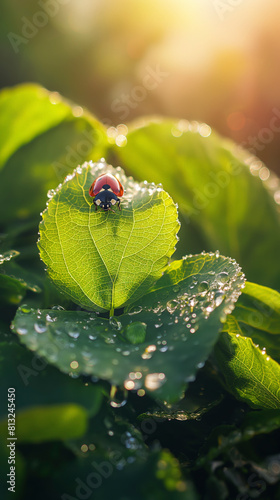 Ladybug on green leaf with morning dew drops and bokeh background, nature background