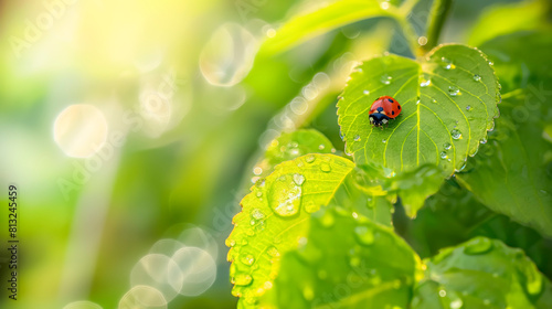Ladybug on green leaf with morning dew drops and bokeh background, nature background