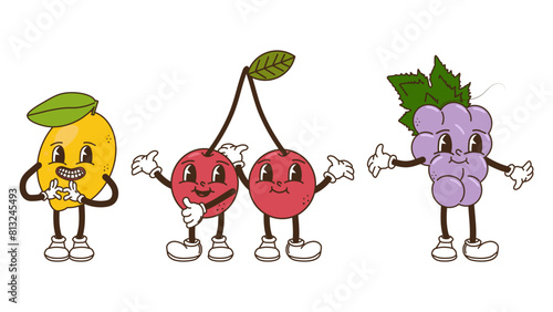 Fruits and berries in groovy style set. Lemon cherry and grapes. Characters trendy retro, comic mascot. Design banner poster. Y2k Hippie 70s, 80s. Vector illustration.