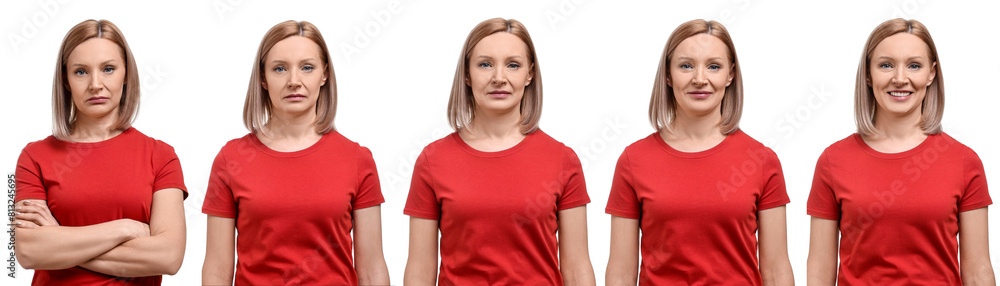 Woman showing different emotions on white background, collage of photos Woman showing different emotions on white background, collage of photos