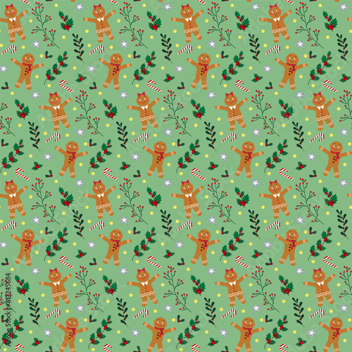 Pattern with gingerbread men. Sweet cane and winter plants. Christmas and New Year. Vector. For textiles, clothing, packaging, social networks and web pages, holiday decor.