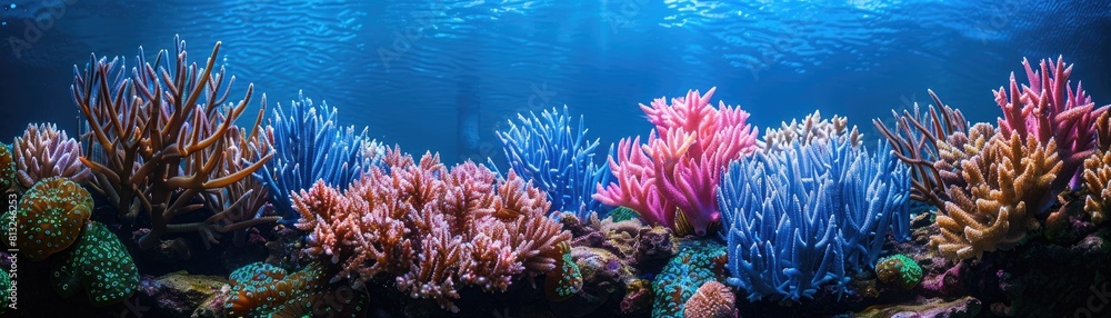 Naklejka premium The captivating allure of a coral reef is mirrored by the underwater corals displaying a range of blues and pinks