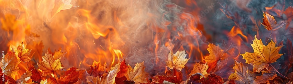 The vibrant image of autumn leaves engulfed in fiery flames and billowing smoke serves as a powerful representation of metamorphosis and transition The vibrant image of autumn leaves engulfed in fiery flames and billowing smoke serves as a powerful representation of metamorphosis and transition