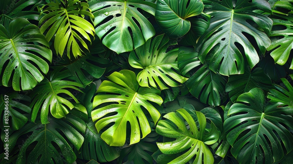 Tropical leaves background, dense array of vibrant green palm and monstera leaves, creating a lush floral pattern, Bright daylight illuminates each leaf, highlighting the intricate patterns and dew dr Tropical leaves background, dense array of vibrant green palm and monstera leaves, creating a lush floral pattern, Bright daylight illuminates each leaf, highlighting the intricate patterns and dew dr