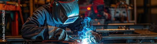 The welder, wearing a protective helmet and gear, is engaged in welding and grinding tasks at his workstation