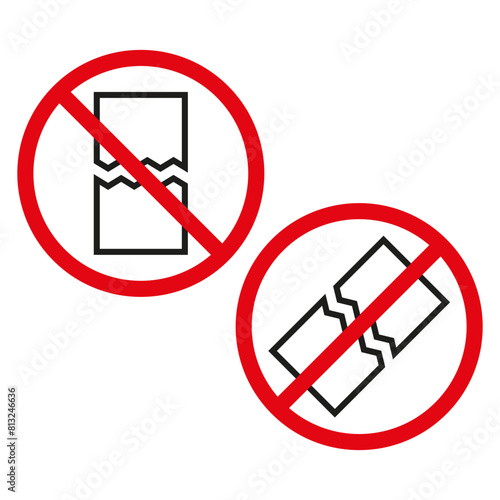 No broken objects Vector sign. Fragile item prohibition. Red circle with line. Handle with care instruction.