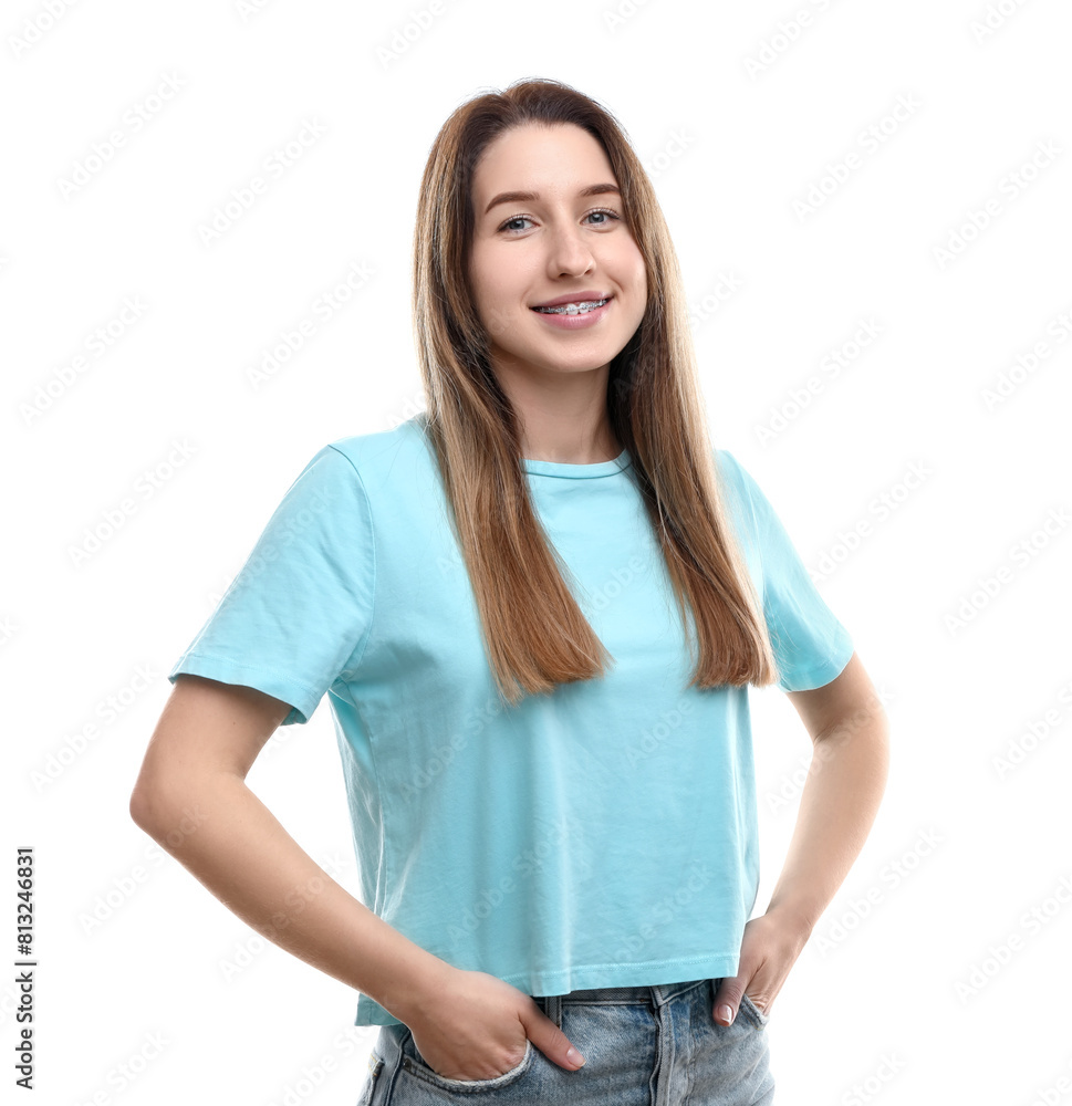 Portrait of smiling woman with dental braces on white background Portrait of smiling woman with dental braces on white background