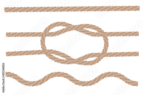 Braided rope knot. Beige twisted cord. Seamless vector lines. Nautical design element.