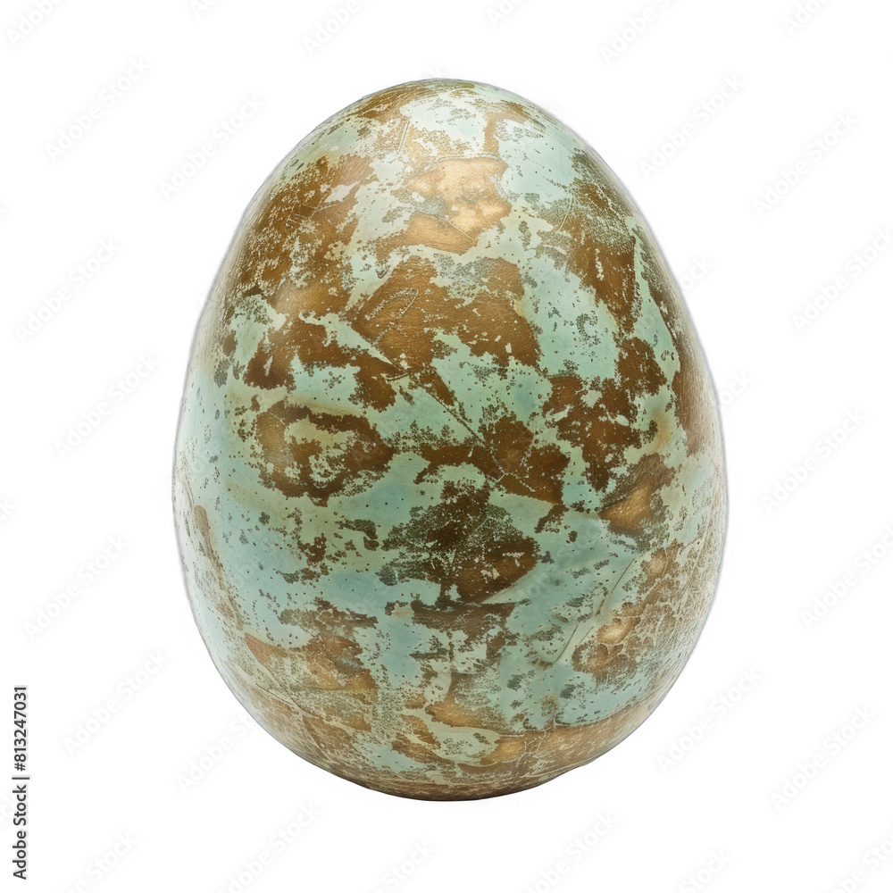 A large, green and gold egg with a brown and gold speckled surface A large, green and gold egg with a brown and gold speckled surface