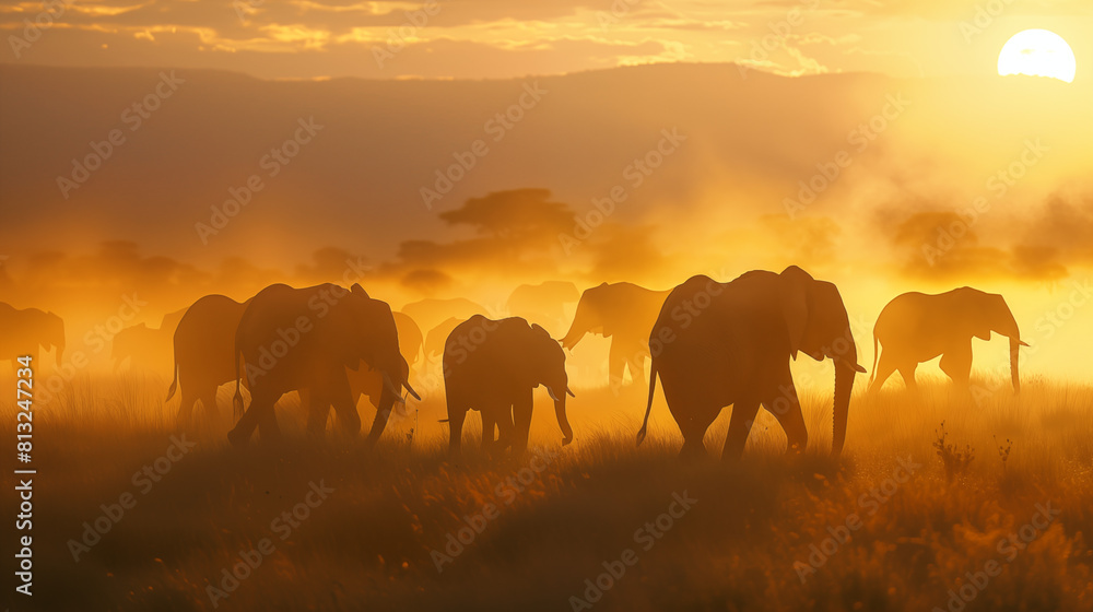 A group of elephants is walking through the wilderness during sunset in a panoramic view full of orange and red tones.