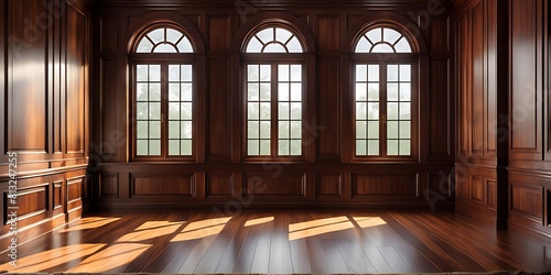  empty room with dark wood paneling and window, Luxury wood paneling background or texture. highly crafted classic or traditional wood paneling, with a frame pattern 