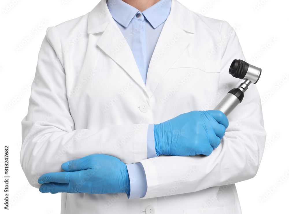 Dermatologist with dermatoscope isolated on white, closeup Dermatologist with dermatoscope isolated on white, closeup