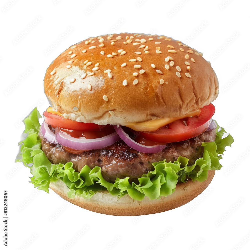Isolated transparent background with a mouthwatering hamburger. Iconic fast food concept. Isolated transparent background with a mouthwatering hamburger. Iconic fast food concept.